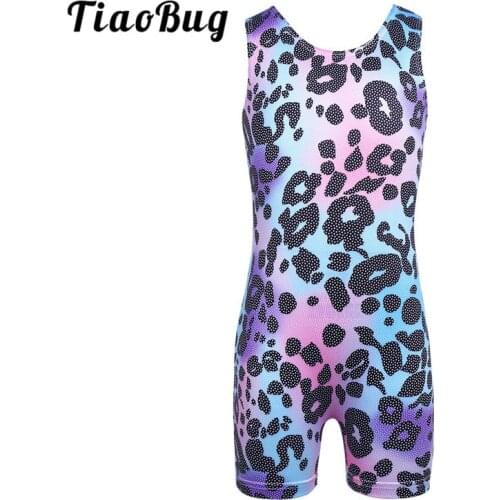 TiaoBug Girls Shiny Leopard Pattern Gymnastics Leotard Children Ballet Leotard Sports Bodysuit Jumpsuit Kids Stage Dance Costume