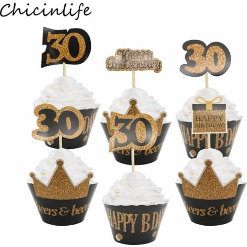 Chicinlife (12sets=24pcs )30 40 50 60 Happy Birthday Cupcake Wrapper Topper 30th 40th 50th 60th Birthday Party Decoration