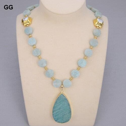 GuaiGuai Jewelry Natural Green Amazonites Carved Flower White Keshi Pearl Necklace Peruvian Amazonite Pendant Ethnical For Women