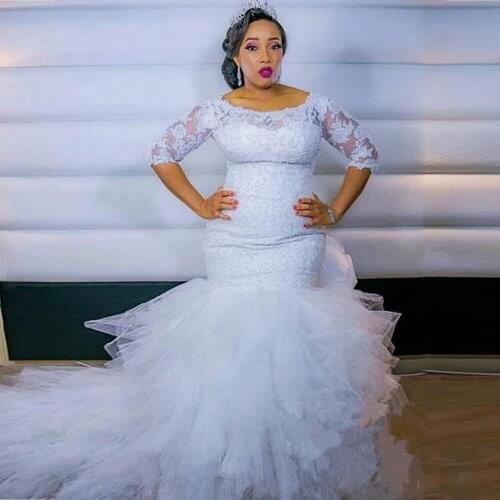 Cascading Ruffles Organza Pleated Bohemian Mermaid Women Bridal Gown Half Sleeves Lace Appliques Beaded Wedding Dress Plus Size