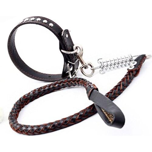 Strong Dog Collars Leather Pet Dog Collar No Pull Leather Braided Leash Lead for Medium Large Dogs Pitbull Bulldog Pugs Beagle