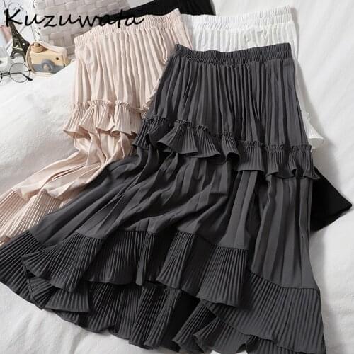 Kuzuwata High Waist Irregular Hem Flouncing Women Long Skirts Women 2021 New Spring Pleated Skirt Fashion Faldas Jupe Femme