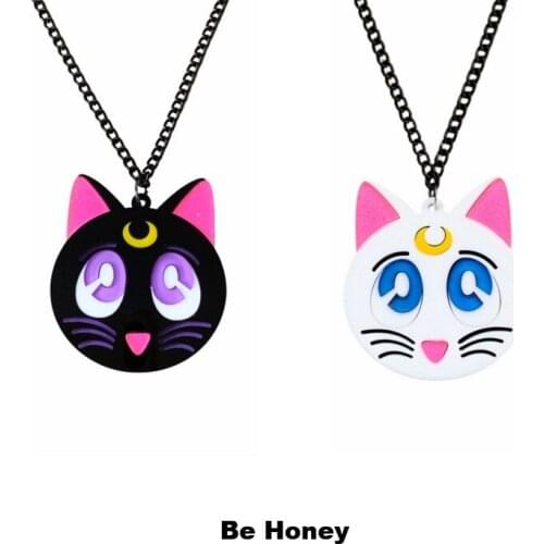 Cute Japanese Anime Sailor Moon Black Cat Luna And White Cat Artemis Acrylic Pendant Necklace For Women Glitter Pink Ear Jewelry