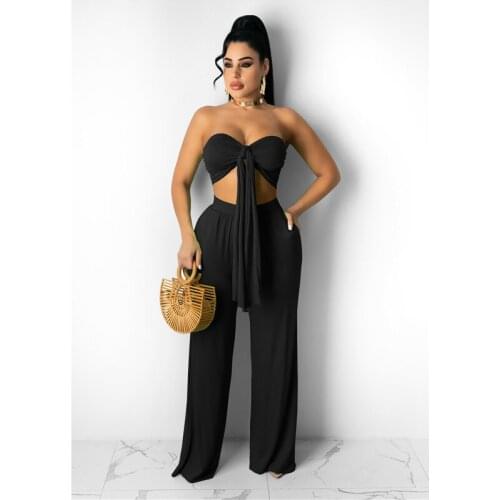 Fashion Streetwear Womens Summer Matching Suits Solid Color Bandage Tube Tops High Waist Long Pants Sets