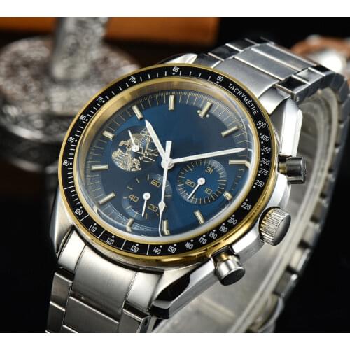 BLIGER Dress Blue Automatic Men Watch Date Sub Dial Arched Glass Steel Bracelet Folding Clasp