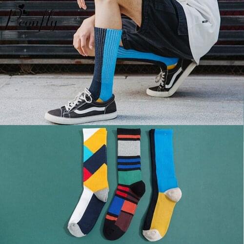 Peonfly 2020 Novelty Autumn Winter Men Colorful Geometry Thick Compression Towel Bottom Calcetines Happy Socks