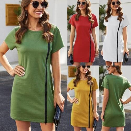 Slim Summer Dress Women New Loose Splicing Zipper Style O-neck Dress Solid Color Buttocks Casual Hedging Pullover Mini Dress