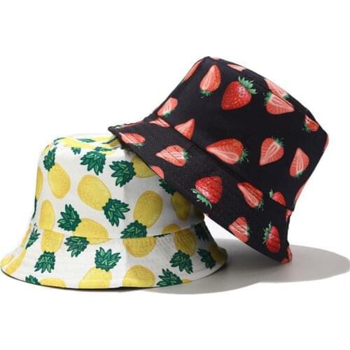 Unisex Summer Two Sides Wear Reversible Bucket Hat Bohemian Pineapple Watermelon Fruits Printing Foldable Fisherman Cap