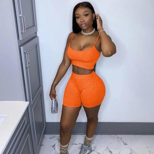 European and American Summer New Sexy Womens Orange Sling Vest Tight Shorts Two Suit
