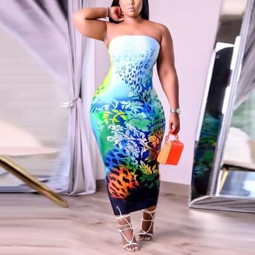 Plus Size Dresses For Womens Large Strapless Bodycon Mid Calf Fashion Printed Sexy Evening Night Party Club Wear Vestidos Mujer