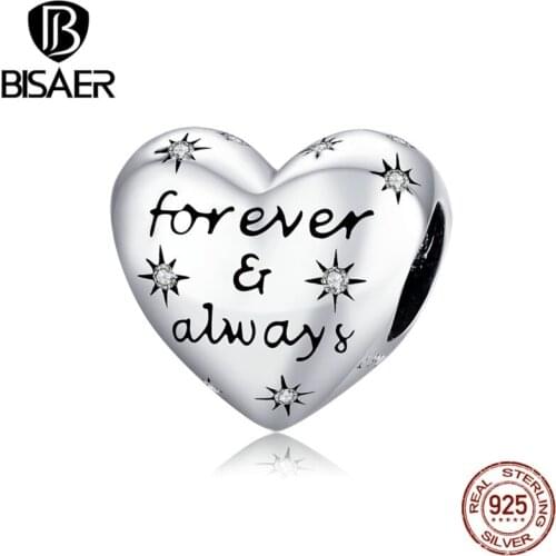 BISAER Shining Heart Beads 925 Sterling Silver Forever Love Heart Charms Pendant Fit DIY Original Bracelet Fine Jewelry ECC1735