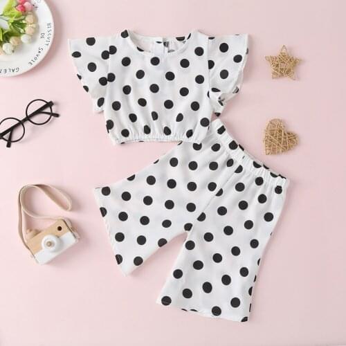 Chic 2pcs 1-5T Kid Comfortable Leisure Fashionable Summer Cotton Clothes Set Girls Polka Dot Tops + Bell Bottom Pants