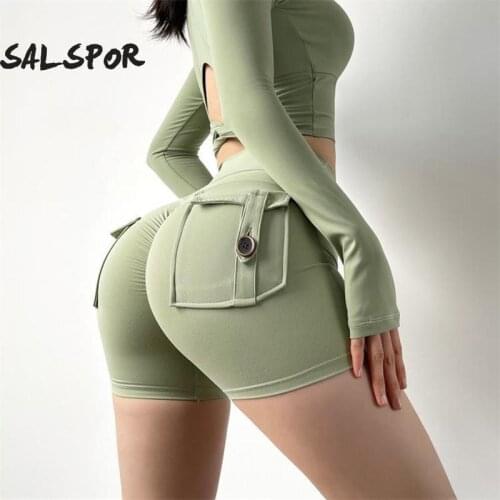 SALSPOR Yoga Shorts Women Sportwear Pocket Push Up Trainning Running Quick Dry Fitness Gym Shorts Sport Cycling Shorts Female