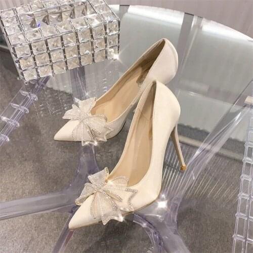 High-heeled shoes women butterfly stiletto spring and autumn 2021 new crystal wedding shoes white ladies French black shoes
