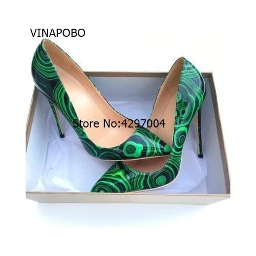 Femme Shoes Women Green Patent Leather High Heels Embossed Pattern Pumps Fashion Pointed Toe Stiletto Heels Office Lady Shoes