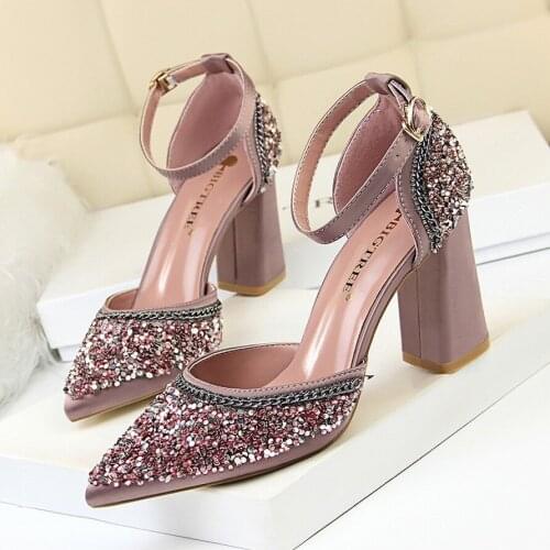 Koovan Womens Sandals Satin Colored Rhinestone Metal Chain Hollowed Thick High Heel Pointed Sandals Bling Womens Shoes