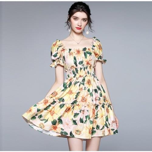 Summer Runway Boho Short Dress Womens Slash Neck Puff Sleeve Floral Print Elastic Waist Holiday Vacation Dress k6157