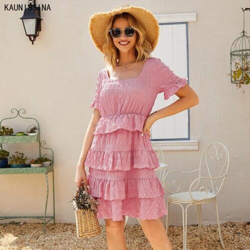 Women Sweet Cake Dress Short Sleeve Square Collar High Waist Dresses 2021 Summer Holiday Casual Dress Vestidos Ladies Clothes