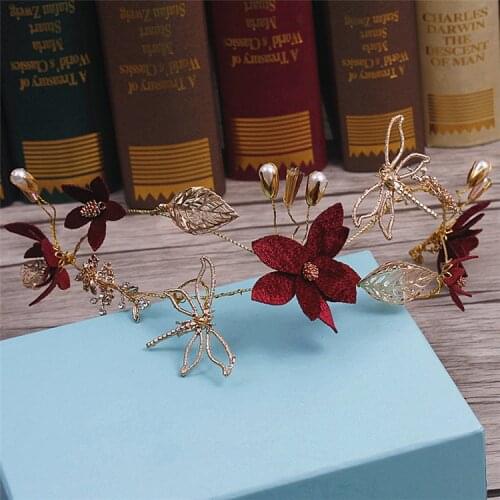 Golden Dragonfly red flower hoop crown bride headdress chenille hairband wedding hair accessories