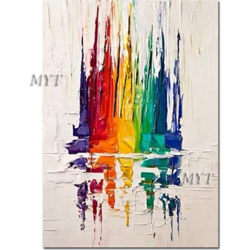 100% Hand Painted Rainbow Color Abstract Sailing Boat Ship Oil Painting Canvas Unframed Wall Art Textured Paintings Artwork