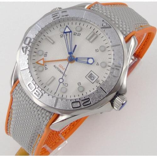 41mm Bliger Automatic Mens Watch GMT Function White Wave Dial Sapphire Date Aluminum Bezel Insert Rubber Strap Screw In Crown