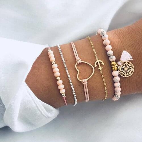 5 Pcs /Set Handmade Pink Beaded Jelly Powder Bracelet Set for Women Woven Beads Chain Love Anchor Pendant Tassel Cuff Bracelet