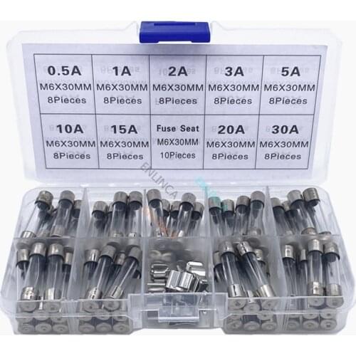 72Pcs/lot 6*30mm Quick Blow Glass Tube Fuse Assorted Kit Fast Blow Glass Fuses 250V (0.5A-30A)