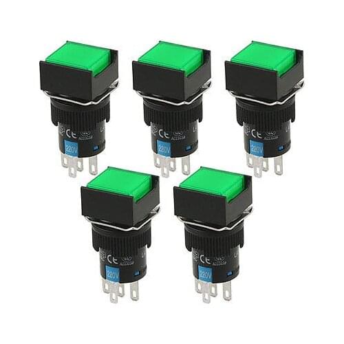 AC 220V Panel Mount 1NO 1NC Latching Green Lamp Square Push Button Switch