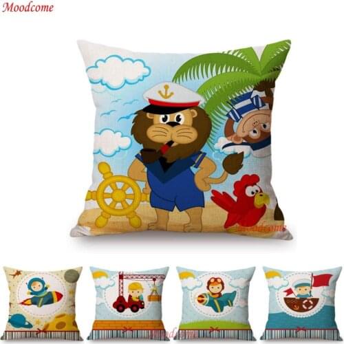 Cartoon Baby Boy Room Decoration Sofa Throw Pillow Case Bear Cow Sailor Pilot Astronaut Cute Cotton Linen Kids Cushion Cover