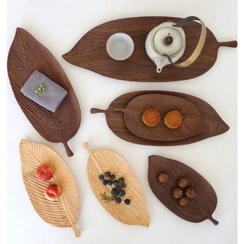 Leaf Shape Wood Storage Trays Walnut Rubber Wood Pan Plate Fruit Dishes Saucer Bread Snack Dessert Tea Tray Kitchen Dinnerware