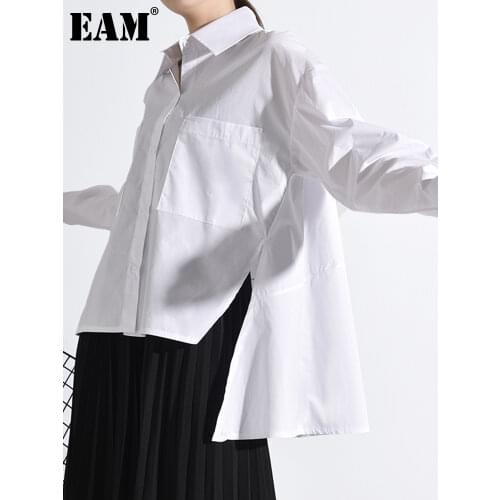 [EAM] Women White Back Long Split Temperament Blouse New Lapel Long Sleeve Loose Fit Shirt Fashion Spring Autumn 2021 JU84700