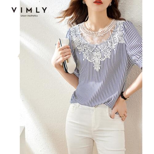 VIMLY Elegant Summer Shirts For Women Fashion Lace Blue Striped Blouse Lady Short Sleeve Shirt Female Tops Vintage Blusas F7938