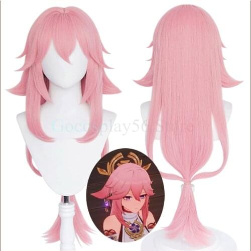 Genshin Impact Cosplay Yae Miko Wig Project Celestia Long Pink Straight Ponytail Heat Resistant Hair Women Role Play