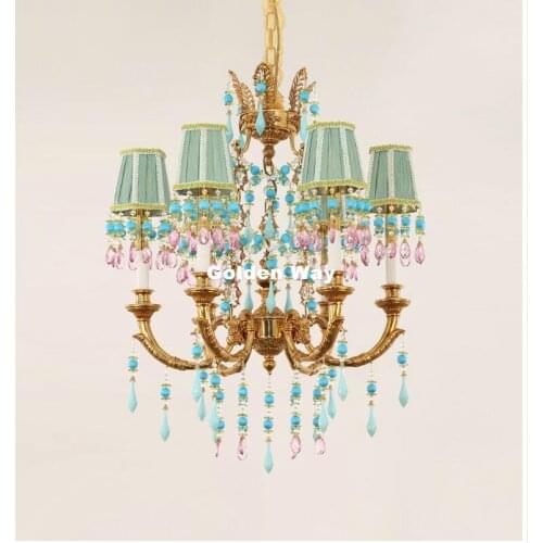 100% Copper Material D64cm H80cm 6arms Crystal Chandelier Hanging Bronze Color AC Lighting Fixture Lustre Suspension Lighting