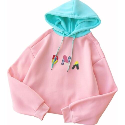 Korean Kpop Hoodies Women Autumn Winter New Fleece Spell Color Stitching Sweatshirt Loose Bangtan Boys DNA Letter Print Clothing