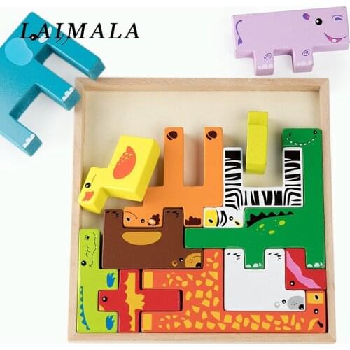 Colorful 3D Cartoon Animals Vehicle Wood Puzzles Jigsaw Toys For Children Intelligence Development Baby Early Educational Toys