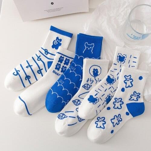 Summer Socks Blue Series Sweet Cartoon Casual Socks For Women Harajuku Girls 2021 INS Fashion Cotton hosiery