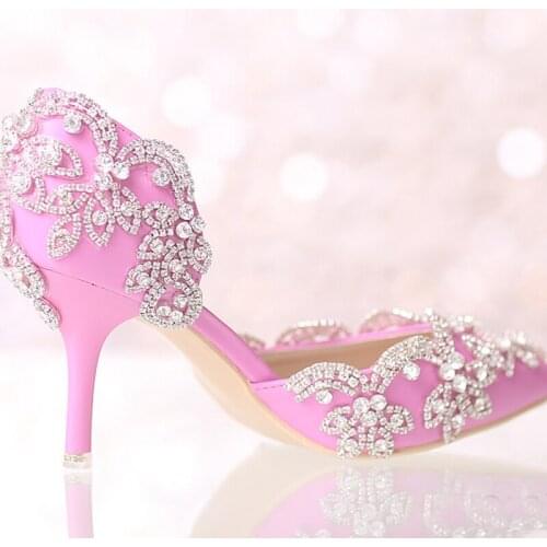 Summer Middle Heel Bridal Shoes Rhinestone Wedding Party Pumps Prom Event Shoes Pink Pointed Toe Wedding Shoes