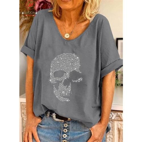 Fashion Women Summer Skulls Print T-Shirts Patchwork Design V-Neck Short Sleeve Casual Loose Pullovers Top for Streetwear