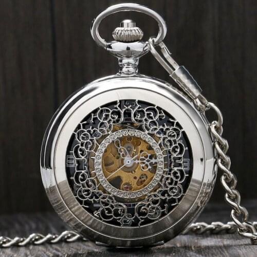 Fashion Silver Steel Steampunk Mechanical Pocket Watch Men Women Necklace Clock GIFT FOB Vintage Hollow Pocket Watch P802