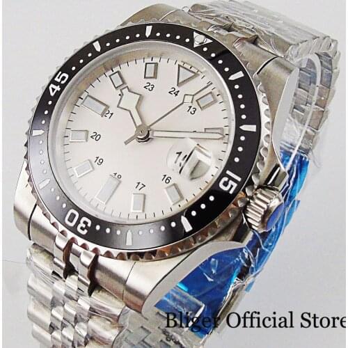 BLIGER White Steile Self Winding Steel Men Watch Jubilee Band Mental Back 21 Jewels MIYOTA 8215 Unidirection Bezel Screw