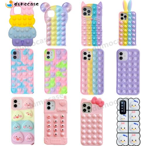 Pop Fidget Toys Push Bubble Relive Stress Case for iPhone 11 12 Pro Max Xs Xr X 6s 7 8 Plus Cartoon Silicone Soft Rainbow Funda