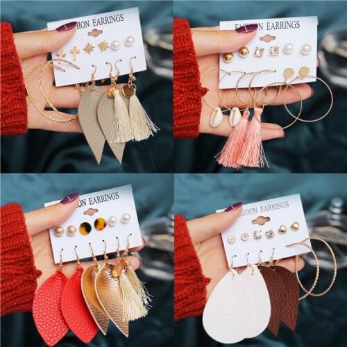 Bohemian Leaf Leather Tassel Drop Earrings Set Fashion Mixed Geometric Dangle Earrings for Women Oorbellen Brincos