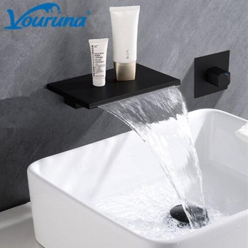 Vouruna Black Wall Mounted Waterfall Basin Faucet Bathroom Sink Mixer Tap Brushed Golden Vessel Wall Bath Spout Set