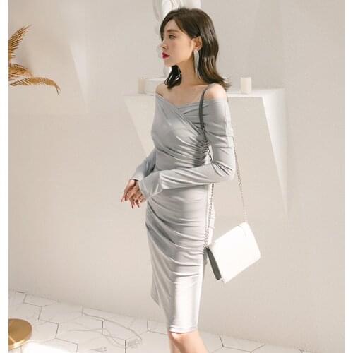 YIGELILA Autumn New Bodycon Dress Slash Neck Long Sleeves Dress Solid Empire Knee-length Sexy Sheath Dress 65206
