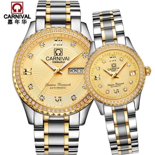 Luxury Couple watch for lovers CARNIVAL High end Automatic Watch couple Calendar Sapphire Luminous Best gift for Valentines day