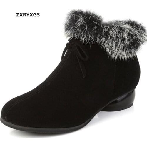 2021 High-quality Frosted Cowhide Real Rabbit Fur Decoration Women Boot Fashion Boots Autumn Winter Boots Trendy Shoes Big Size