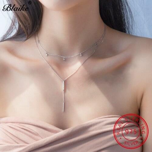 Blaike Real 925 Sterling Silver Clavicle Necklaces For Women Small Triangle Bar Pendant Necklace Wedding Choker Fine Jewelry