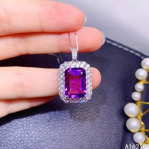 Fine Jewelry 925 Sterling Silver Inset With Natural Amethyst Womens Luxury Elegant Rectangular Gem Pendant Necklace Supports De