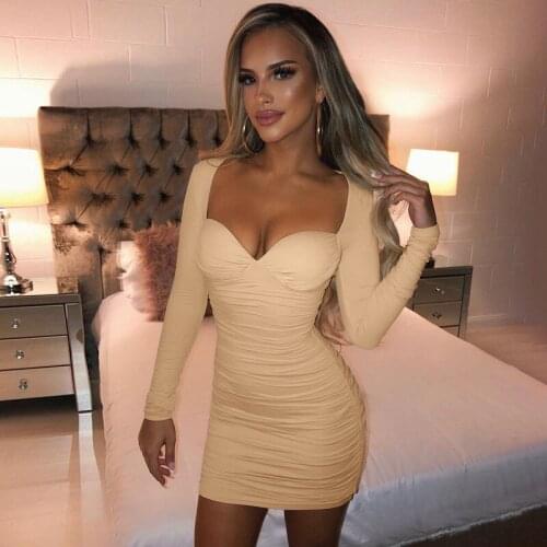 European and American Style Womens 2021 New Autumn Deep V Tube Top Long-Sleeved Slim Pleated Fashion Dress